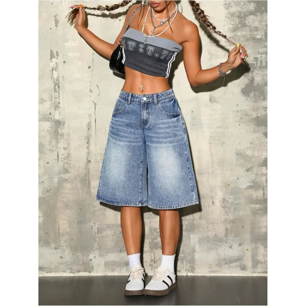 Women's Baggy Denim Shorts Casual Wide Leg Bermuda Jean 32